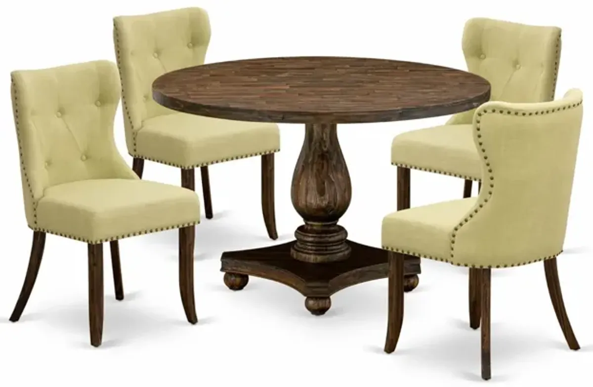 East West Furniture I2SI5-737 5Pc Dining Room Set - Round Table and 4 Parson Chairs - Distressed Jacobean Color