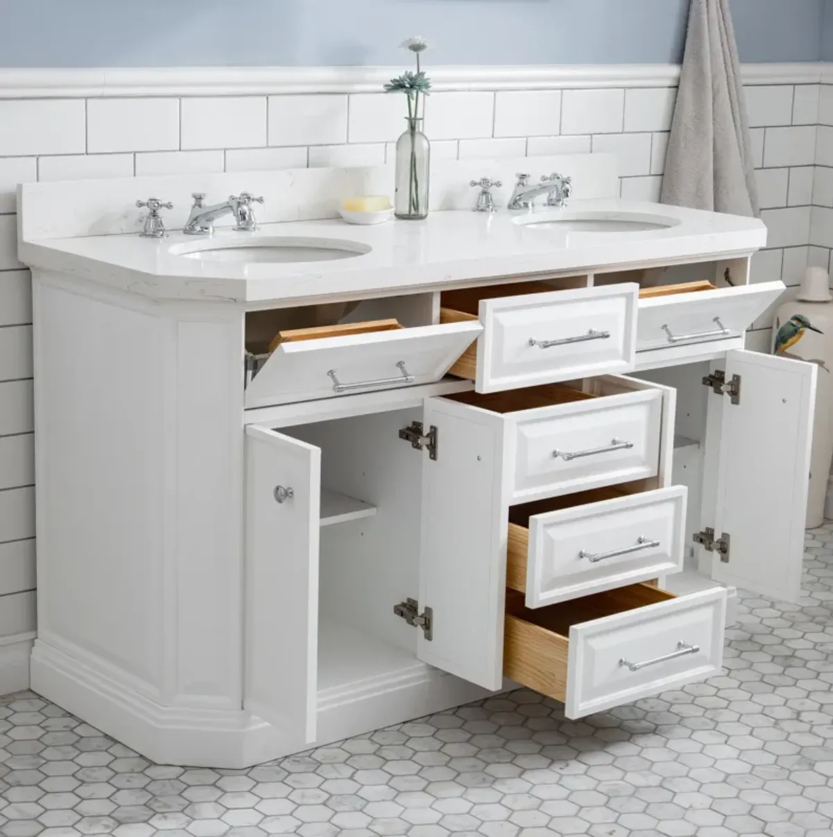 Palace 60 In. Double Sink Carrara Quartz Countertop Bath Vanity in Pure White with Chrome Hardware