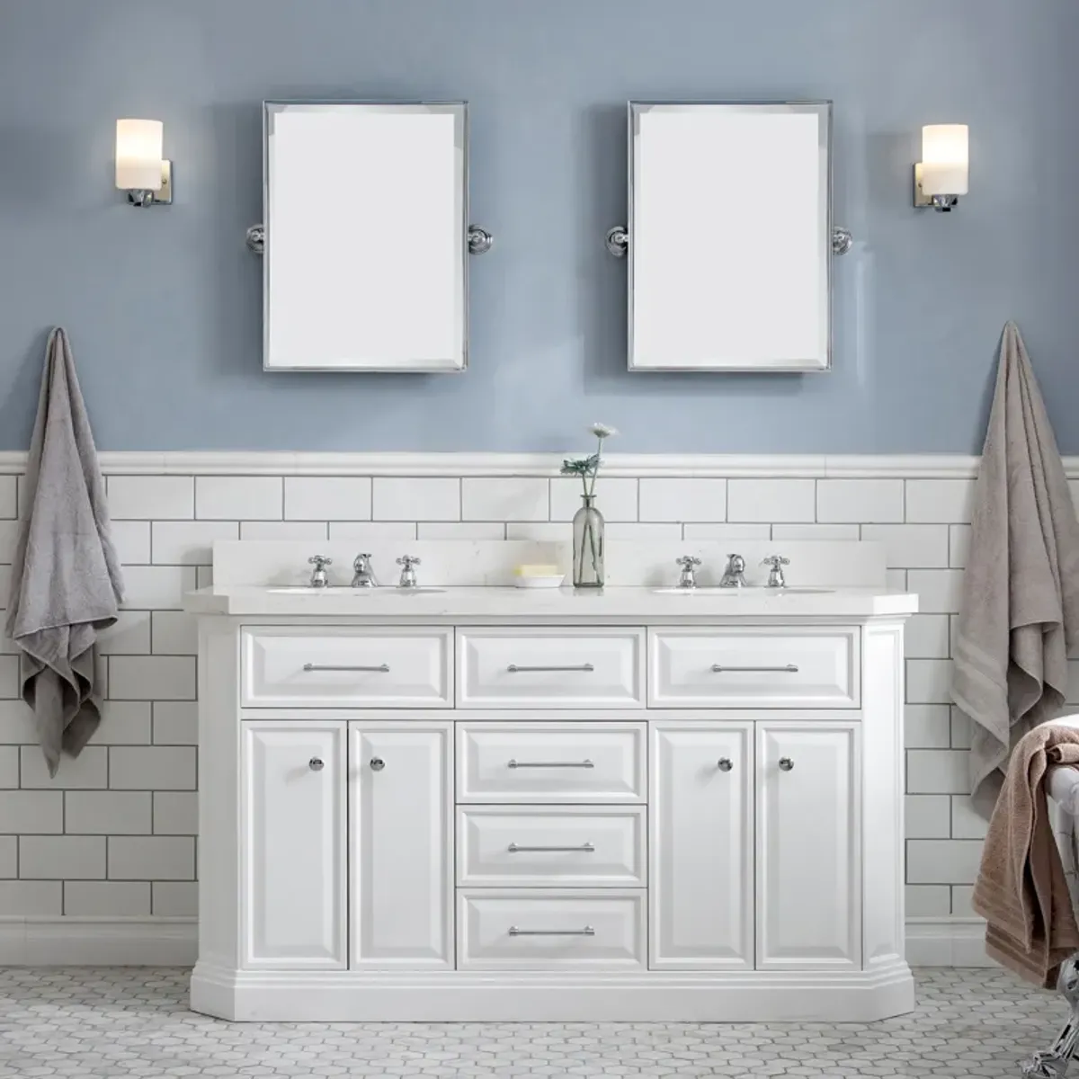Palace 60 In. Double Sink Carrara Quartz Countertop Bath Vanity in Pure White with Chrome Hardware