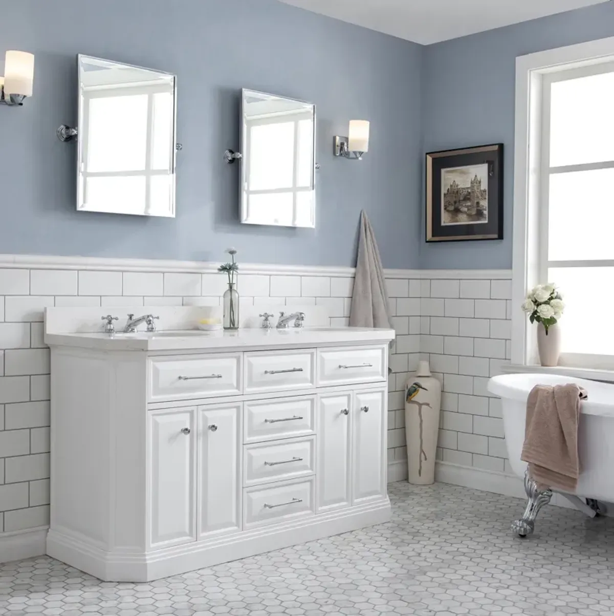 Palace 60 In. Double Sink Carrara Quartz Countertop Bath Vanity in Pure White with Chrome Hardware