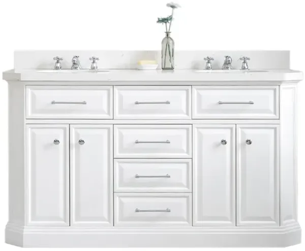 Palace 60 In. Double Sink Carrara Quartz Countertop Bath Vanity in Pure White with Chrome Hardware