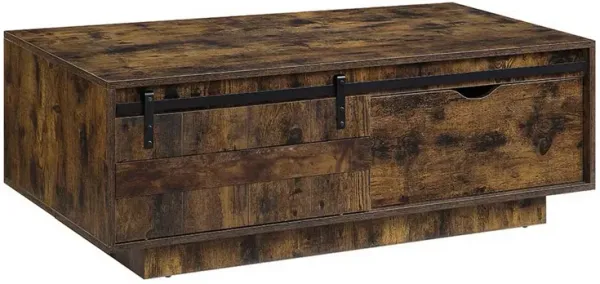 Rick 47 Inch Rustic Oak Coffee Table, Sliding Barn Door, Single Drawer-Benzara
