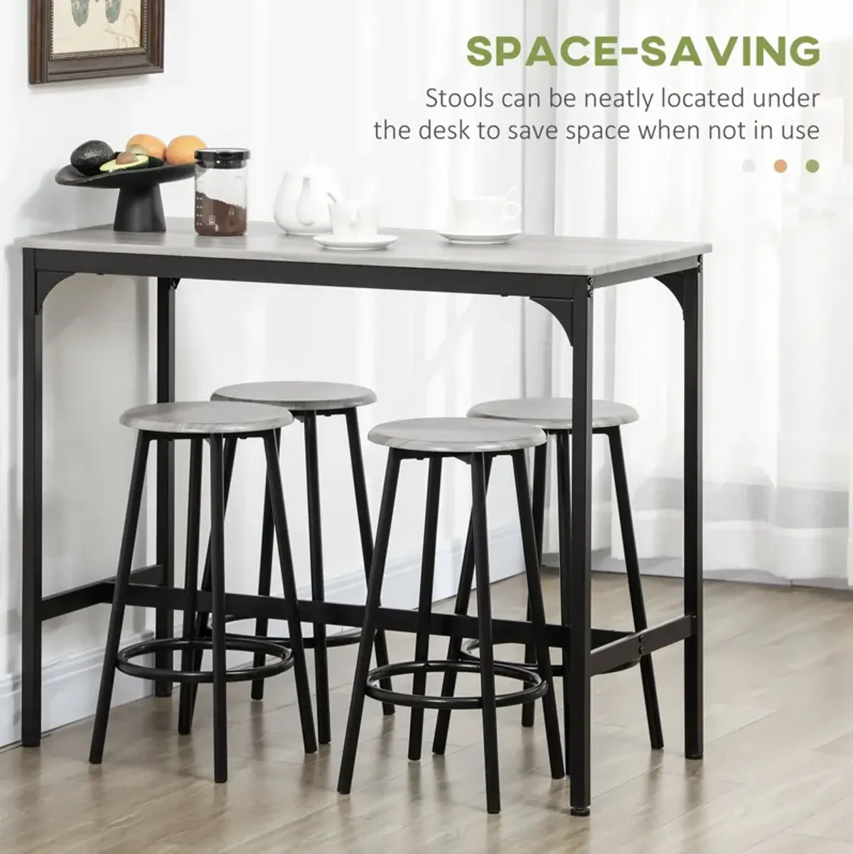 Gray Industrial Dining: 5-Piece Bar Set with Table and Round Stools