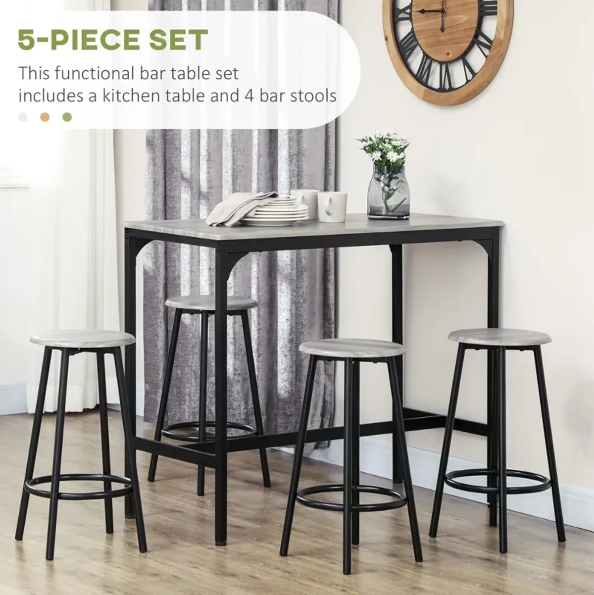 Gray Industrial Dining: 5-Piece Bar Set with Table and Round Stools