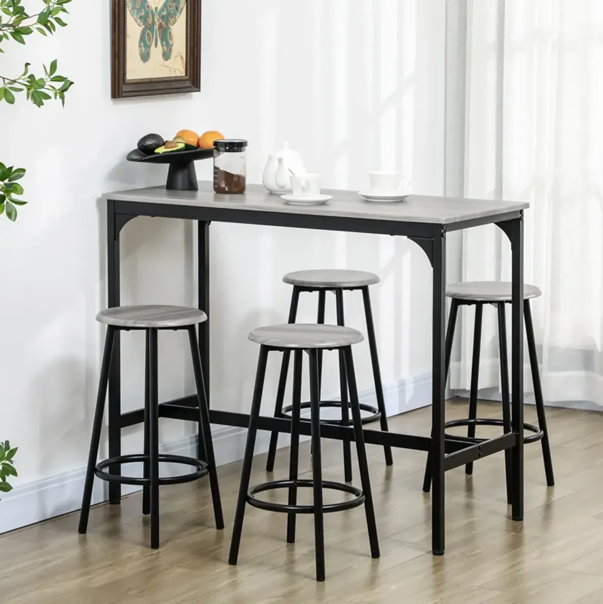 Gray Industrial Dining: 5-Piece Bar Set with Table and Round Stools