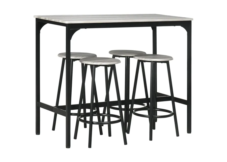 Gray Industrial Dining: 5-Piece Bar Set with Table and Round Stools