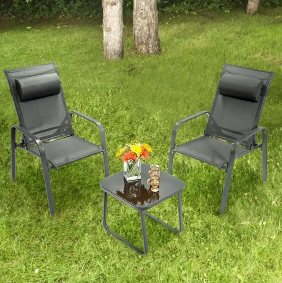 Hivvago 3 Pieces Stackable Patio Bistro Conversation Set with Adjustable Backrest