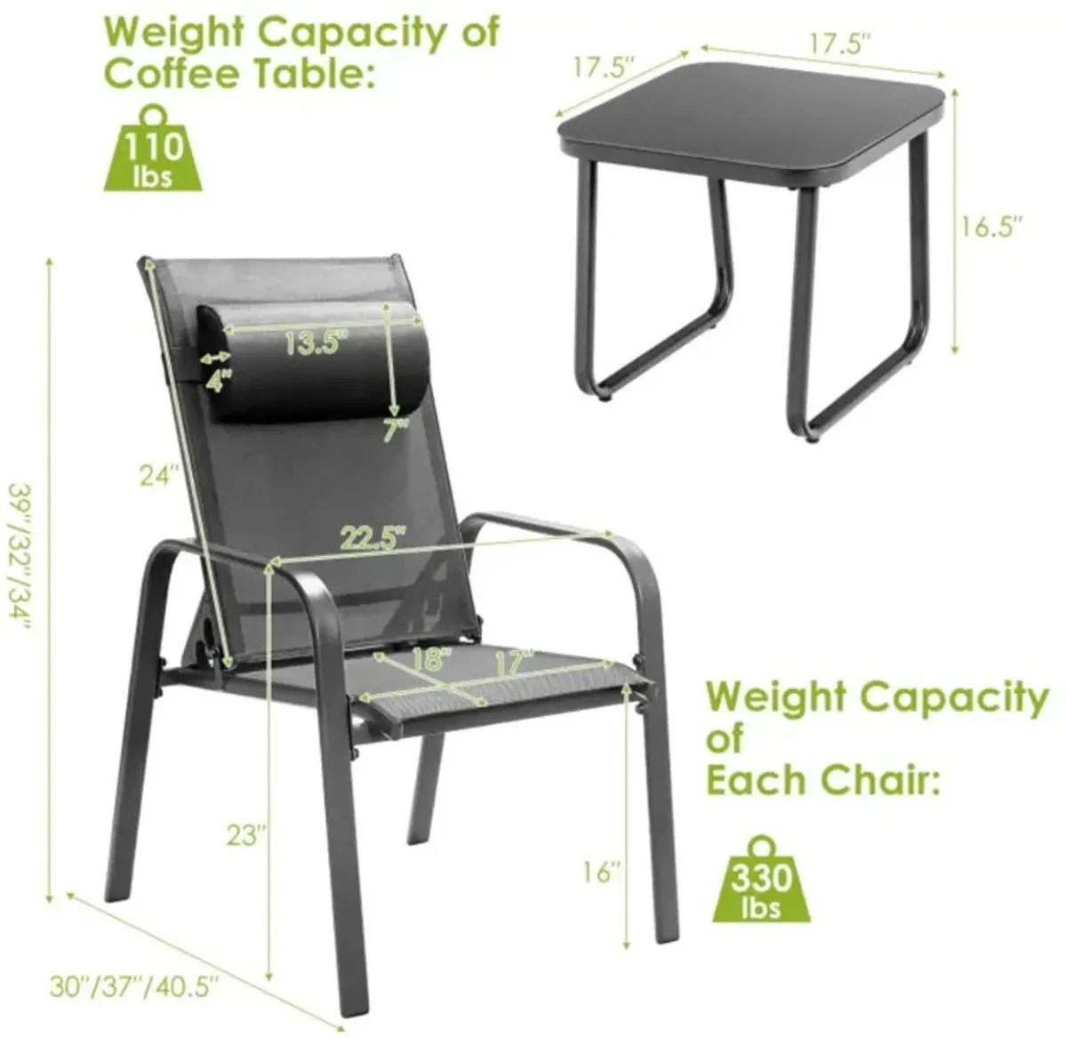 Hivvago 3 Pieces Stackable Patio Bistro Conversation Set with Adjustable Backrest