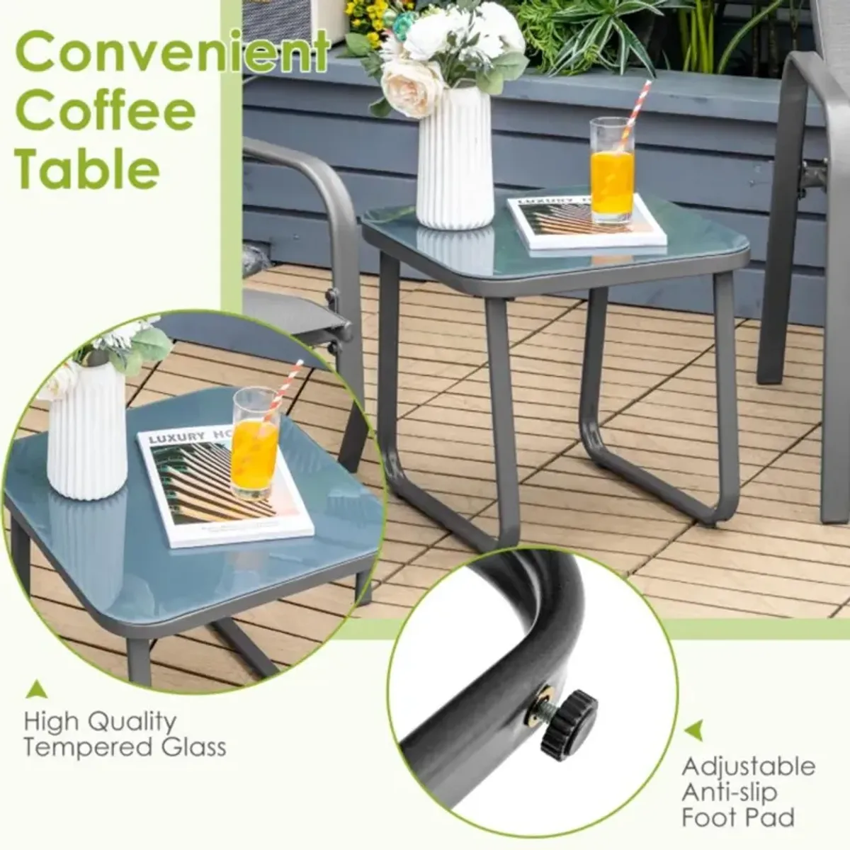 Hivvago 3 Pieces Stackable Patio Bistro Conversation Set with Adjustable Backrest