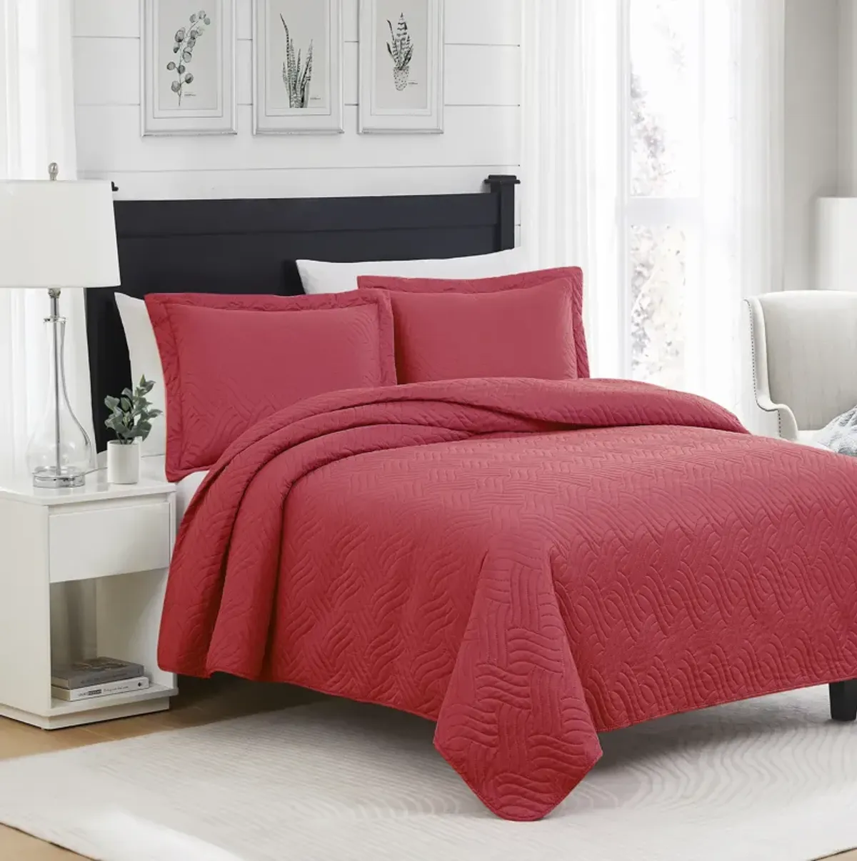 RT Designers Collection Ruby 3pc Pinsonic High Quality All Season Quilt Set for Revitalize Bedroom King Red