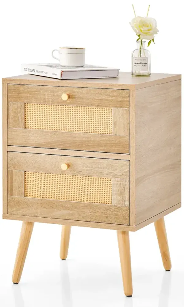 Rattan Nightstand Accent Bedside Table with 2 Storage Drawers