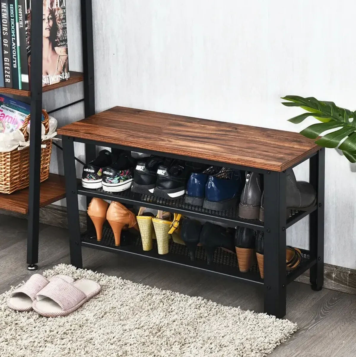 3-Tier Shoe Rack Industrial Shoe Bench with Storage Shelves