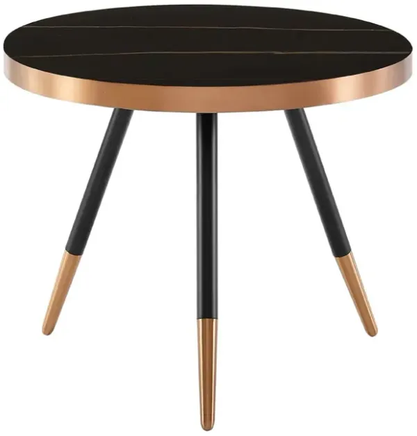Cid Casu Coffee Table, 20 Inch, Round Black Ceramic Top, Rose Gold Accents - Benzara