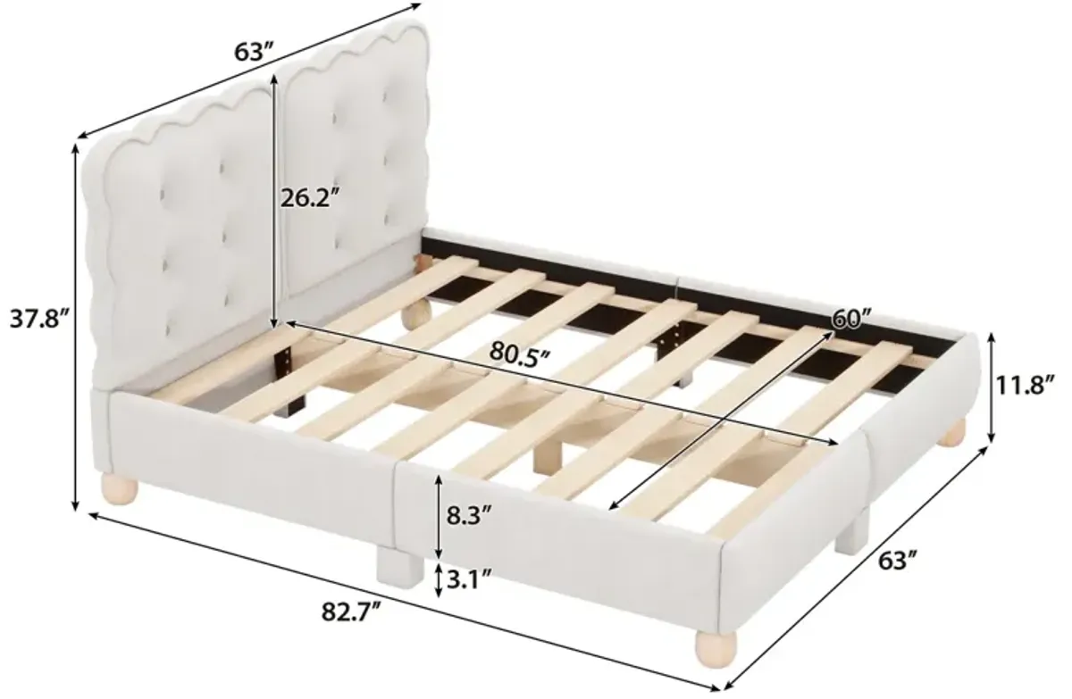 Queen Size Upholstered Platform Bed With Support Legs, Beige