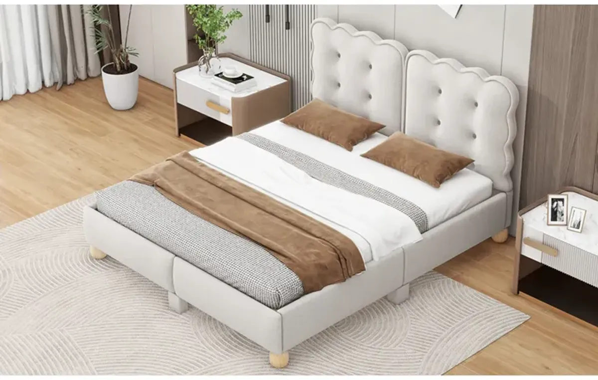 Queen Size Upholstered Platform Bed With Support Legs, Beige