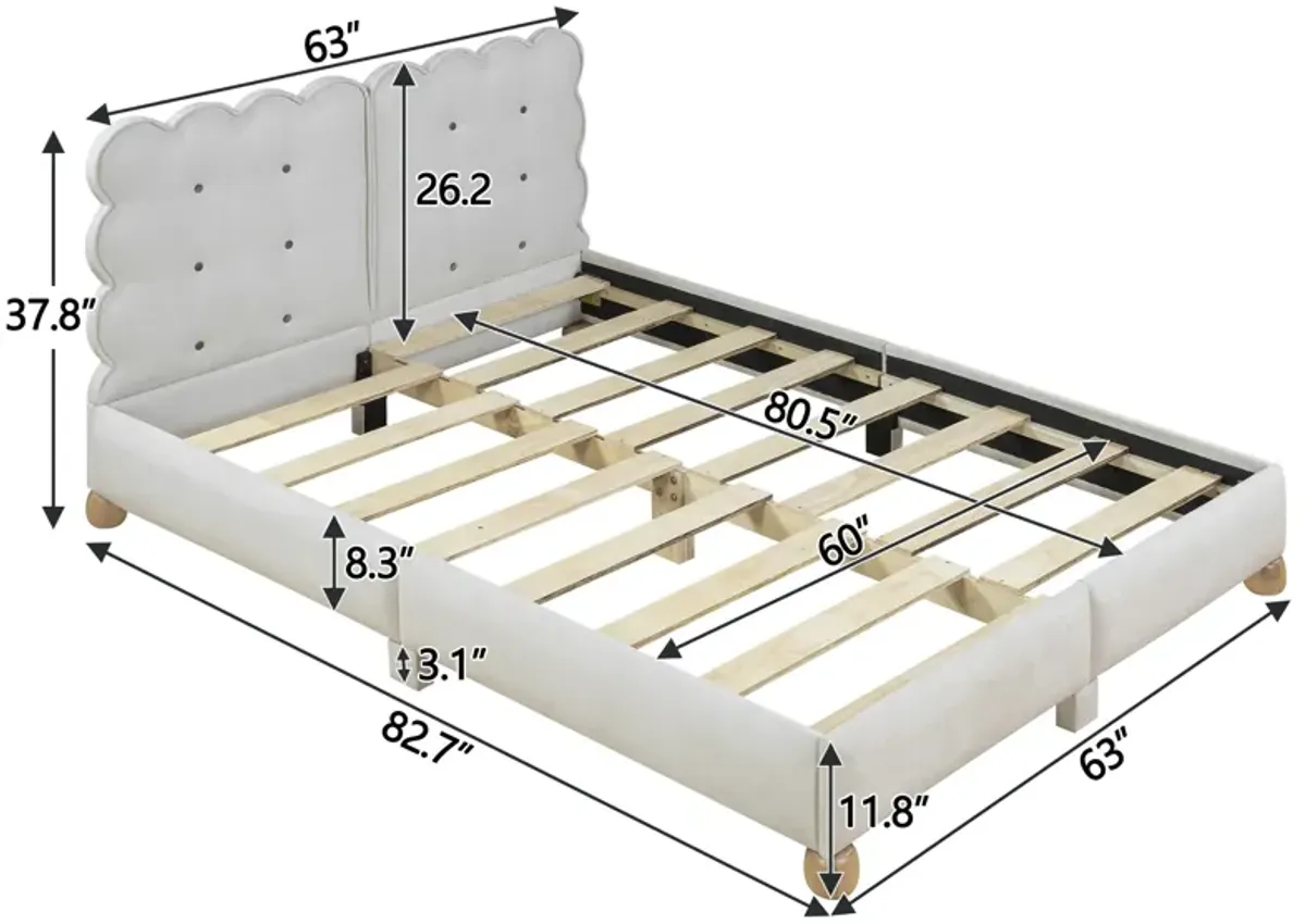 Queen Size Upholstered Platform Bed With Support Legs, Beige