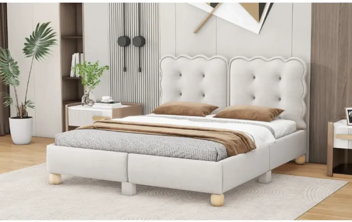 Queen Size Upholstered Platform Bed With Support Legs, Beige