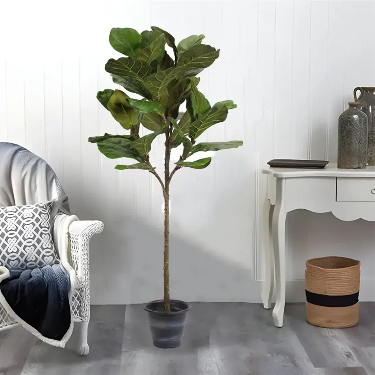 5' Tall Potted Faux Fiddle Leaf Fig Tree: Realistic Greenery for Home or Office Décor