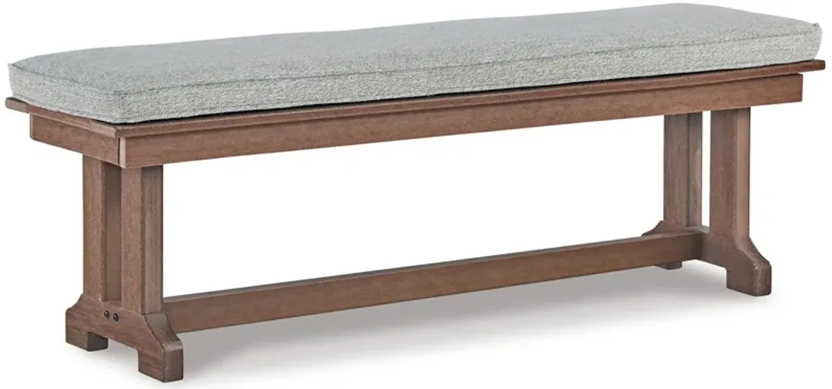 Emme 54 Inch Outdoor Dining Bench, Brown Base, Gray Padded Cushioning - Benzara