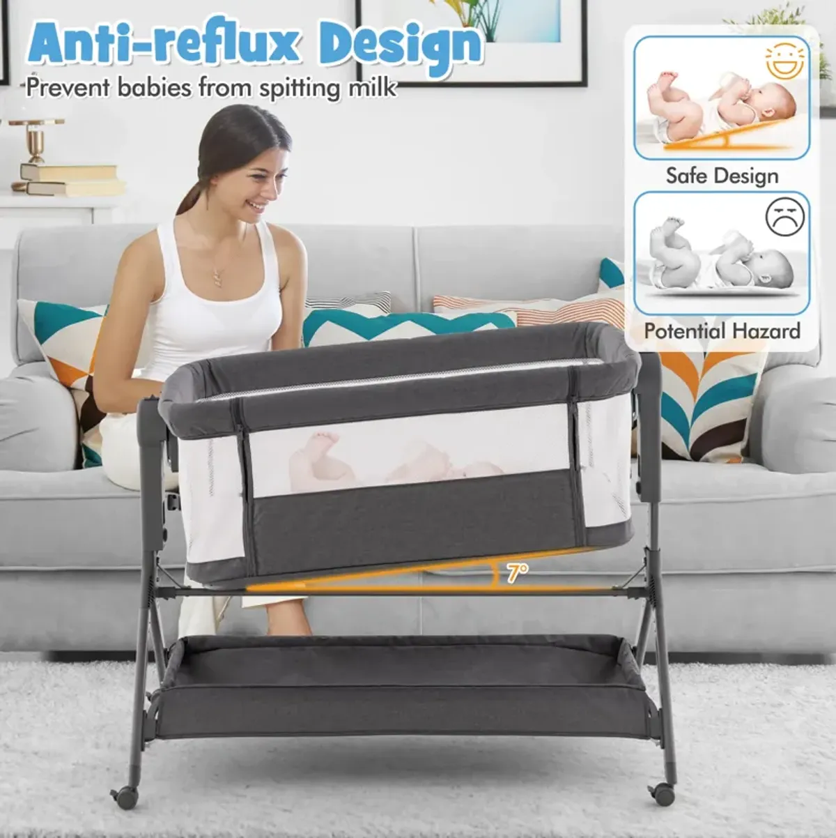 Height Adjustable Bedside Sleeper with Storage Bag and Soft Mattress for Baby