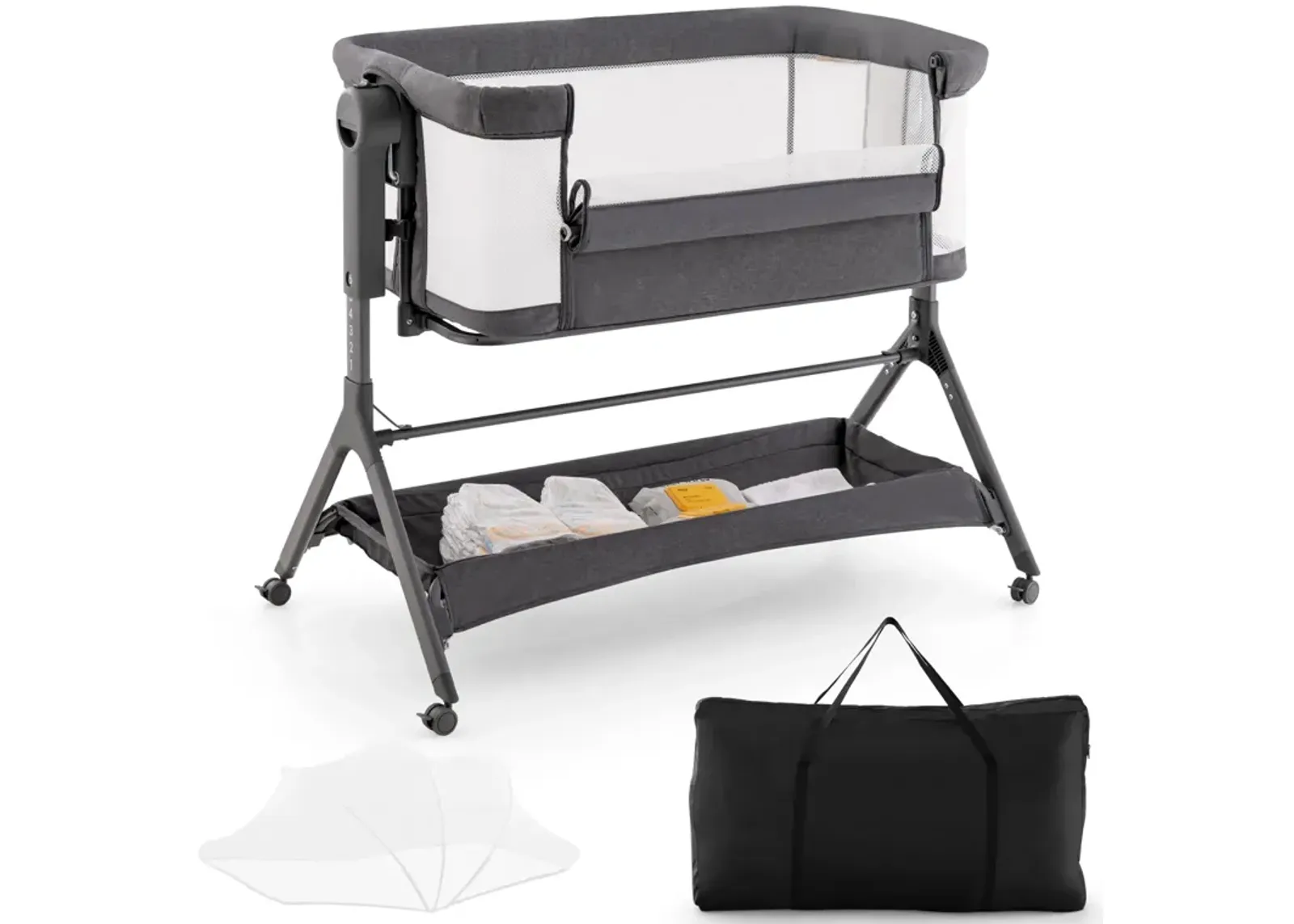 Height Adjustable Bedside Sleeper with Storage Bag and Soft Mattress for Baby