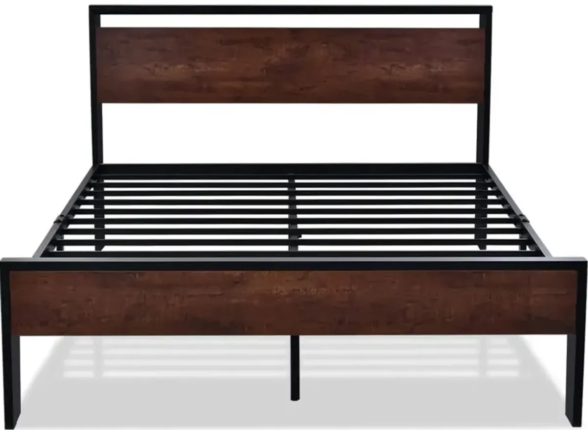 Hivvago Queen Metal Platform Bed Frame with Mahogany Wood Panel Headboard Footboard