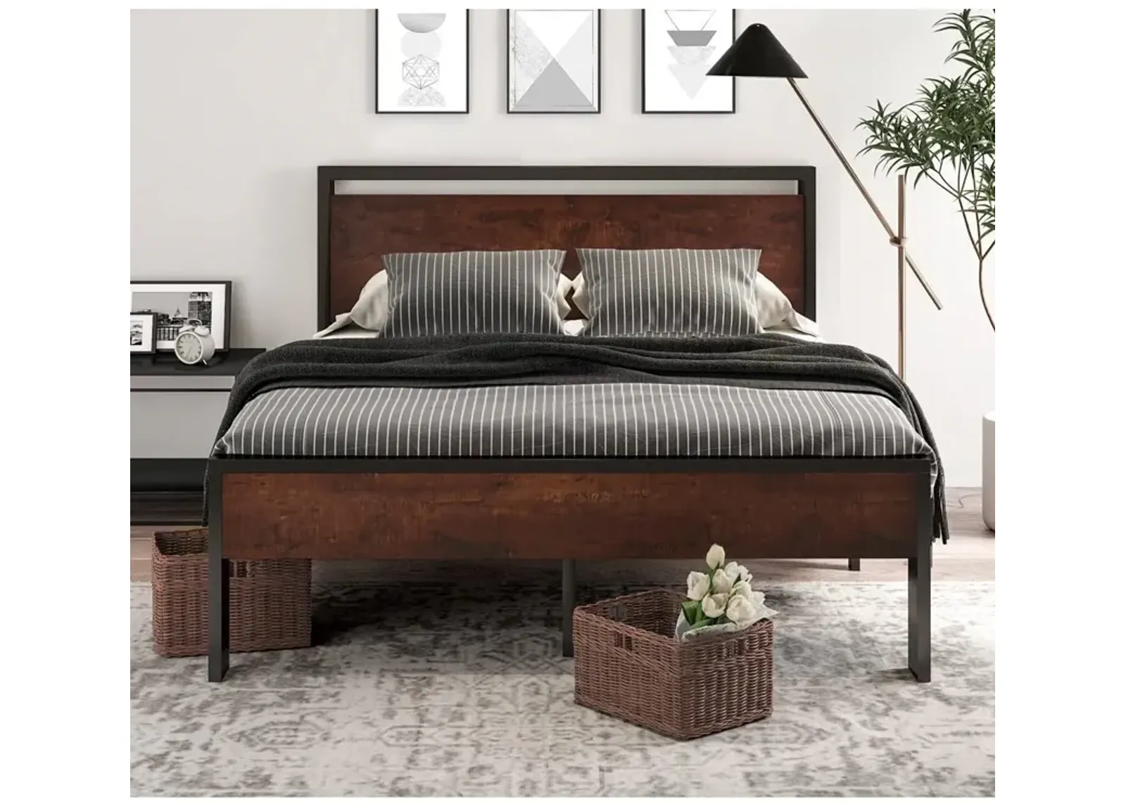 Hivvago Queen Metal Platform Bed Frame with Mahogany Wood Panel Headboard Footboard