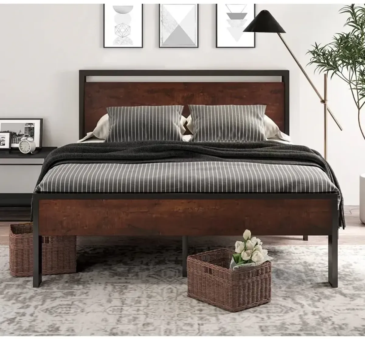 Hivvago Queen Metal Platform Bed Frame with Mahogany Wood Panel Headboard Footboard