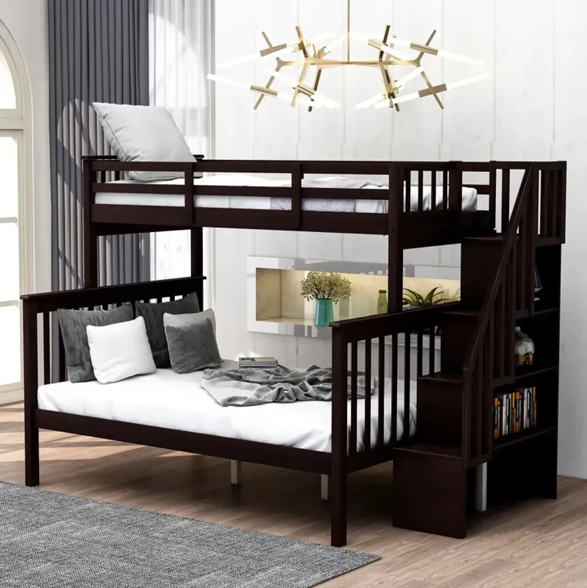 Stairway Twin-Over-Full Bunk Bed With Storage And Guard Rail For Bedroom