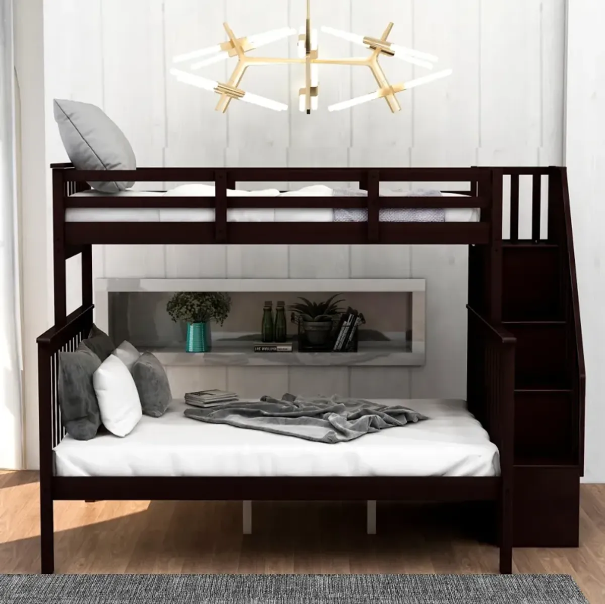 Stairway Twin-Over-Full Bunk Bed With Storage And Guard Rail For Bedroom