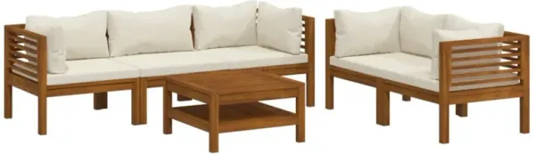 6pc Outdoor Modular Sofa Set, Cream Cushions, Brown Solid Acacia Wood - Benzara