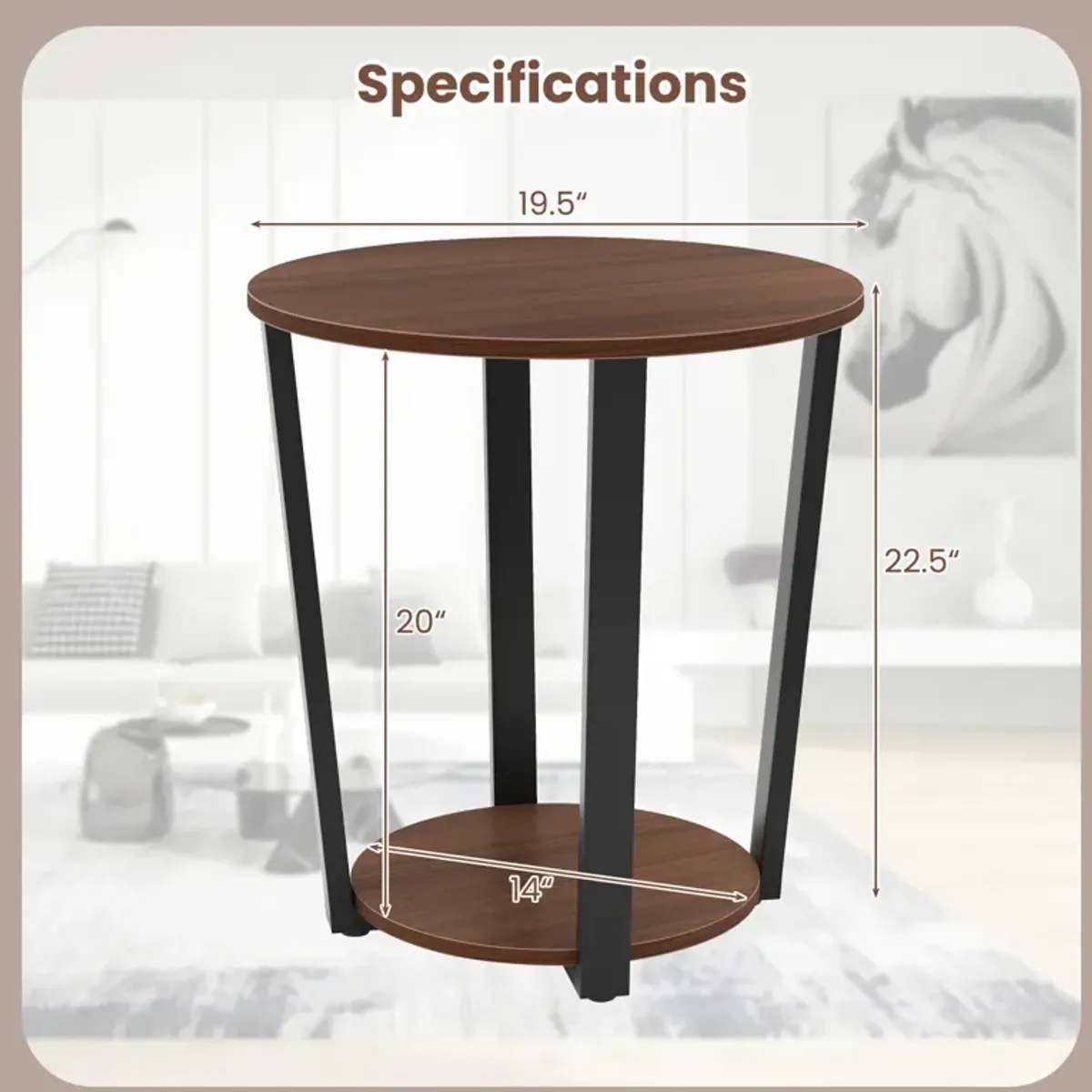 Round End Table with Open Shelf and Metal Frame for Living Room or Bedroom Storage