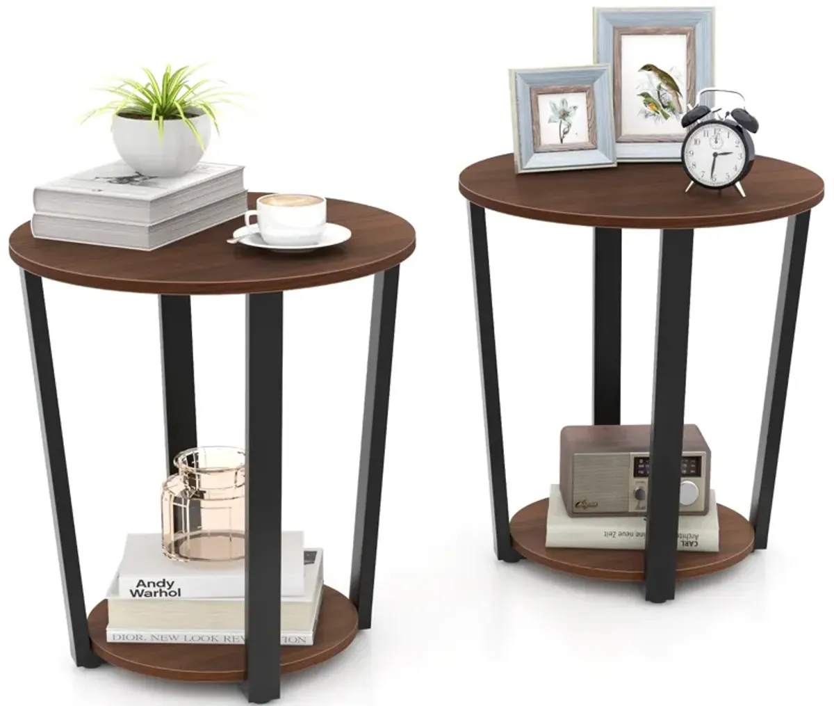 Round End Table with Open Shelf and Metal Frame for Living Room or Bedroom Storage