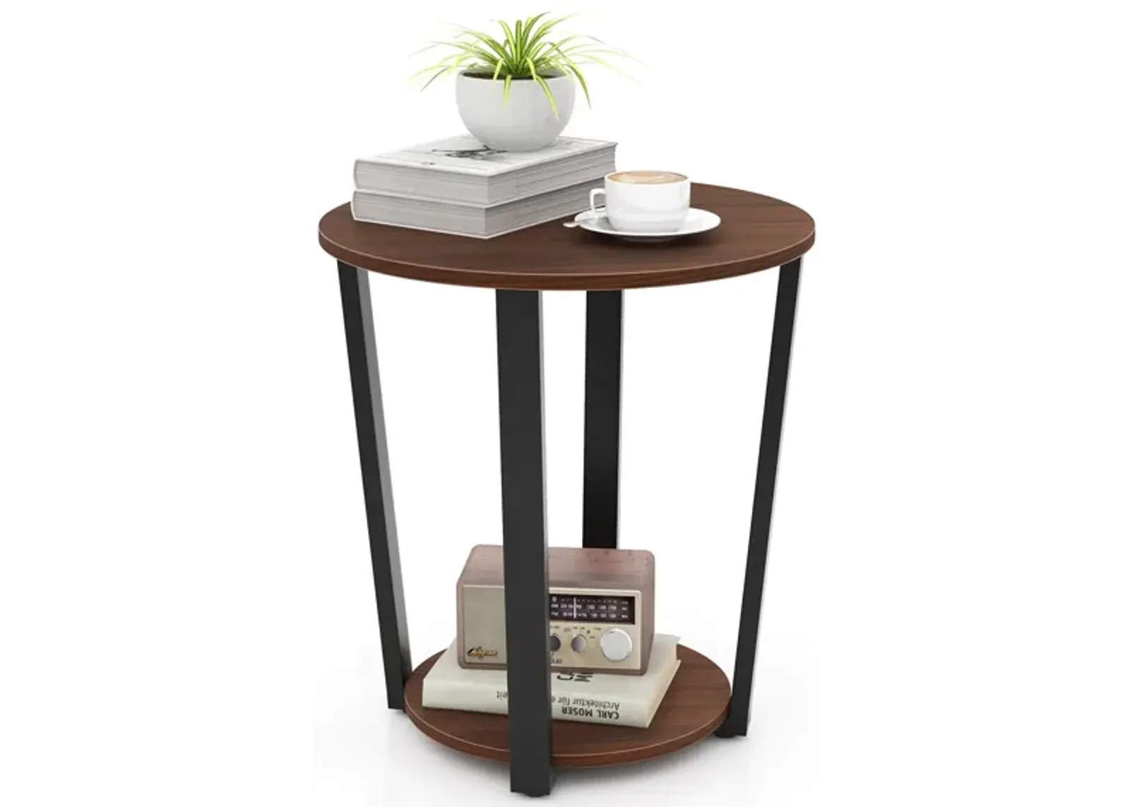 Round End Table with Open Shelf and Metal Frame for Living Room or Bedroom Storage