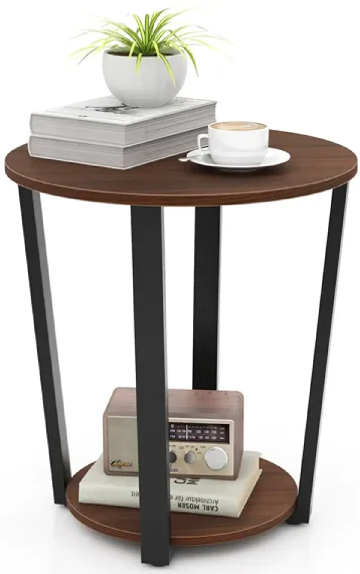 Round End Table with Open Shelf and Metal Frame for Living Room or Bedroom Storage