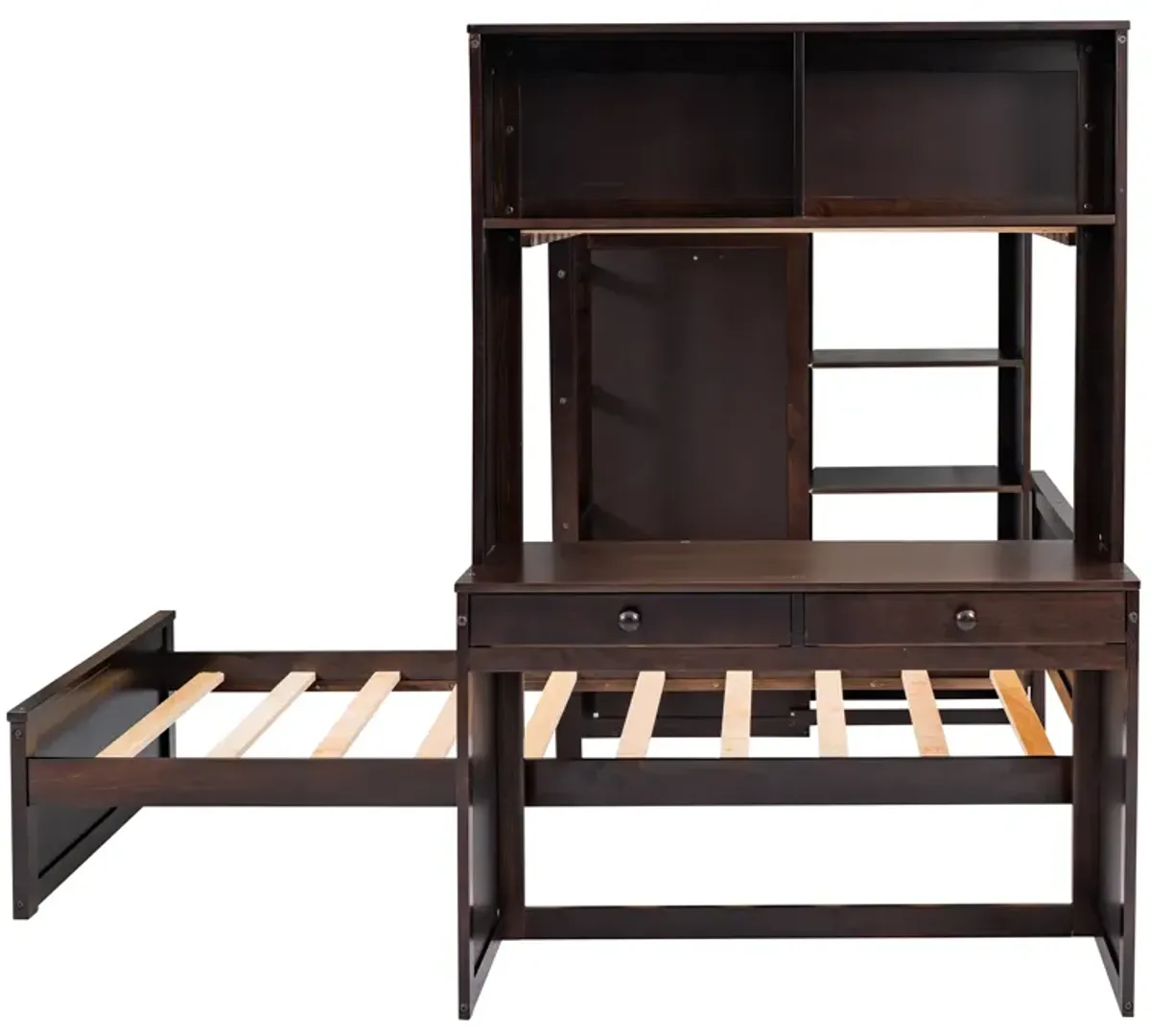 Merax Loft Bed with Storage Shelves and Wardrobe