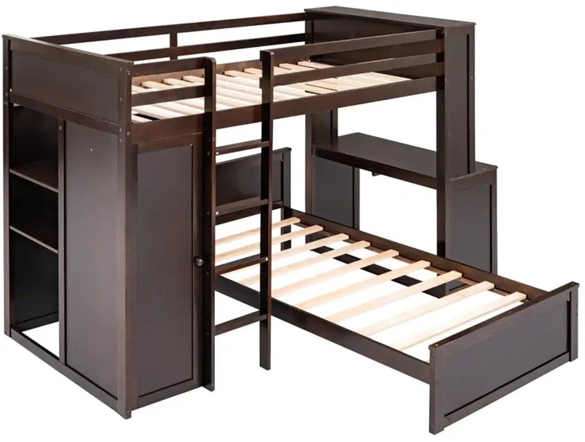 Merax Loft Bed with Storage Shelves and Wardrobe