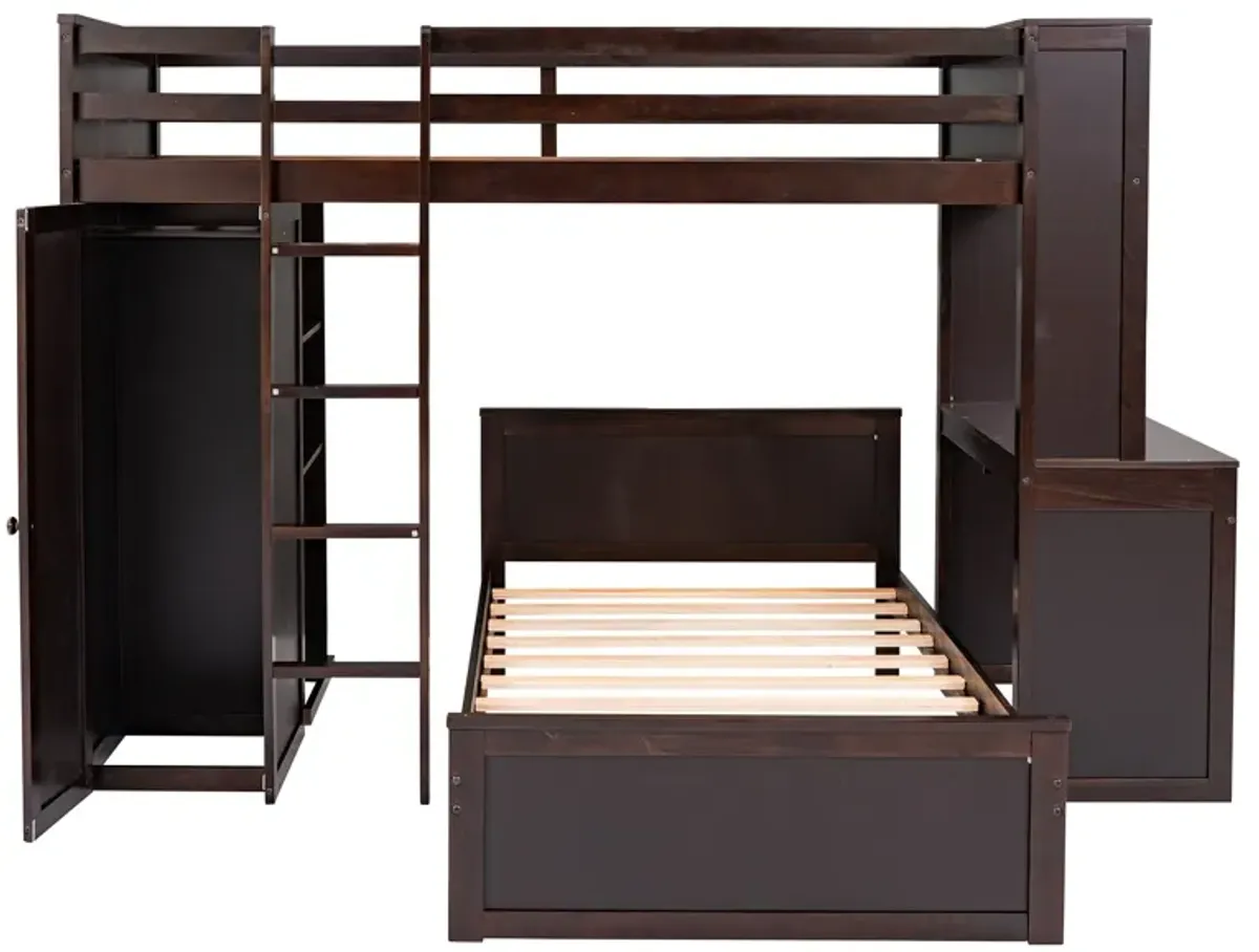 Merax Loft Bed with Storage Shelves and Wardrobe