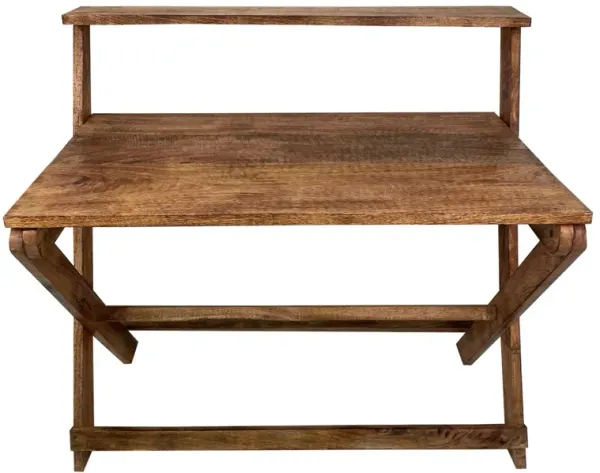 42 Inch Rectangular Mango Wood Home Office Desk, Top Shelf, X Shaped Folding Frame, Brown