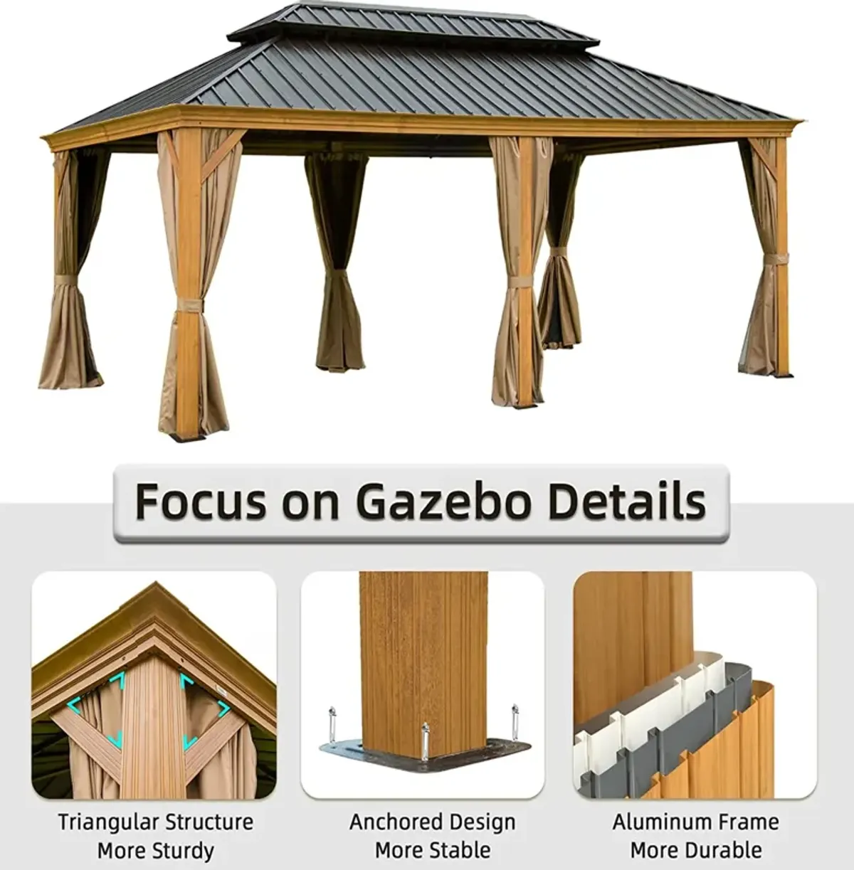 MONDAWE 12x20ft Hardtop Gazebo Outdoor Aluminum Wood Grain Gazebos with Galvanized Steel Double Canopy for Patios Deck Backyard,Curtains&Netting (Wood-Looking)