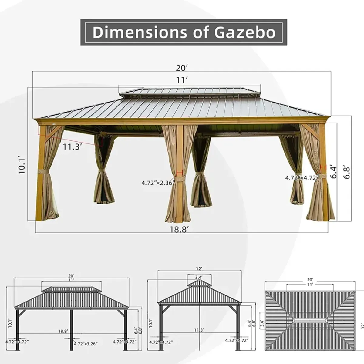 MONDAWE 12x20ft Hardtop Gazebo Outdoor Aluminum Wood Grain Gazebos with Galvanized Steel Double Canopy for Patios Deck Backyard,Curtains&Netting (Wood-Looking)