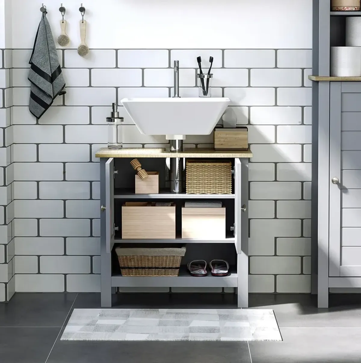 Grey Sink Cabinet: Under Sink Bathroom Vanity Unit with Adjustable Shelf