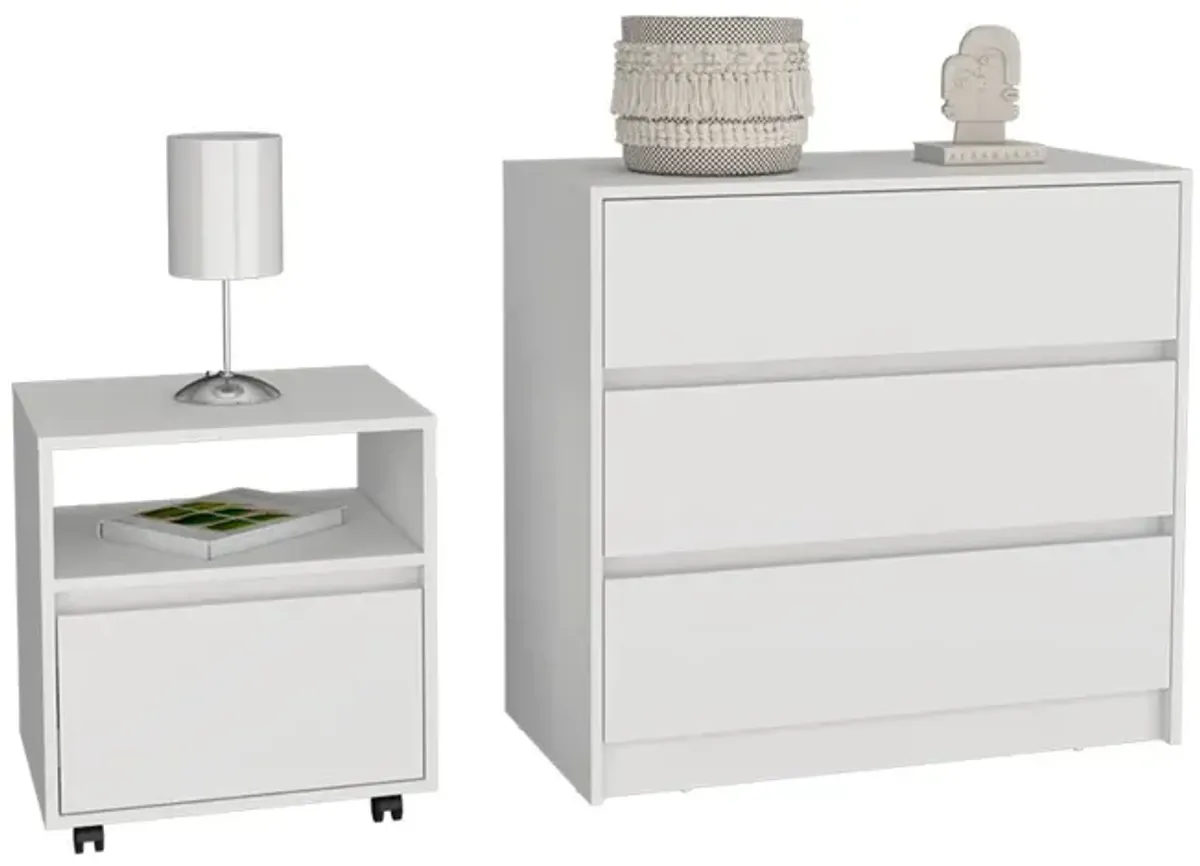 Milford 2 Piece Bedroom Set, Nightstand + Dresser, White