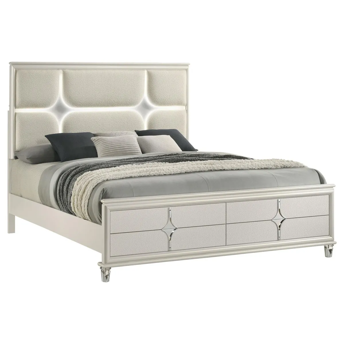 Ory Queen Size Bed, Ivory Boucle Upholstered Headboard w 3D LED Light - Benzara