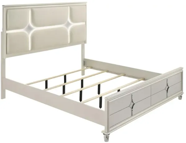 Ory Queen Size Bed, Ivory Boucle Upholstered Headboard w 3D LED Light - Benzara