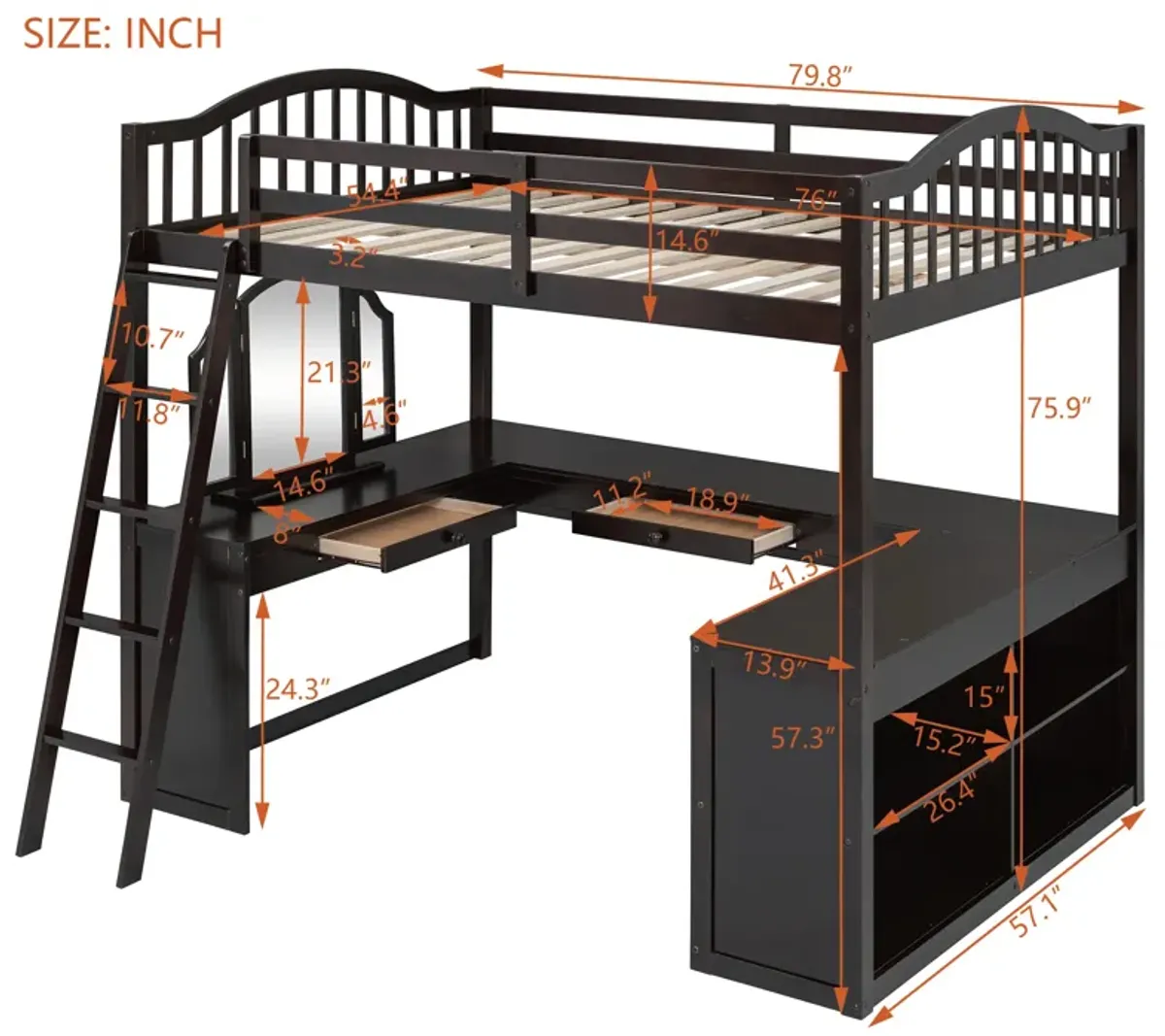 Merax Loft Bed with U-shaped Desk and Tri-fold Mirror