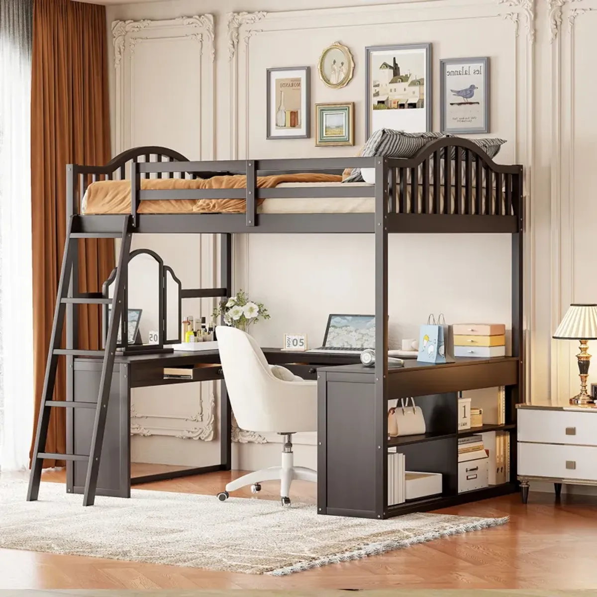 Merax Loft Bed with U-shaped Desk and Tri-fold Mirror