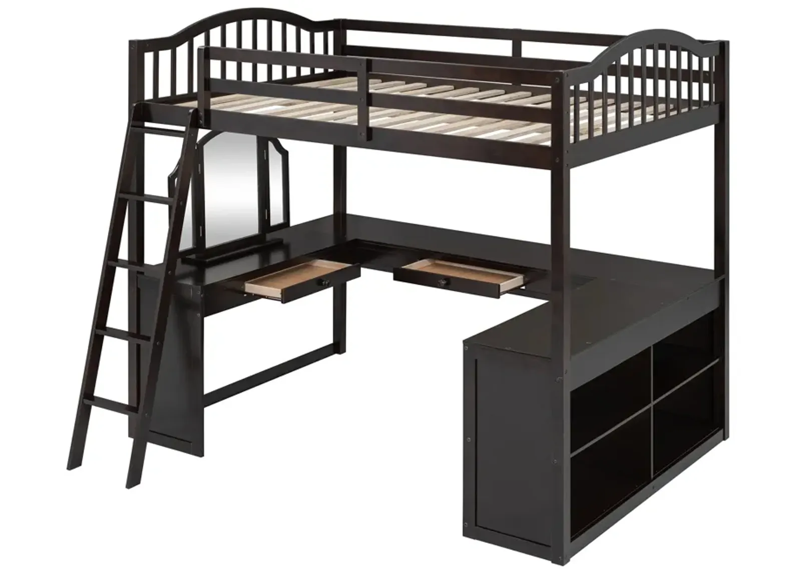 Merax Loft Bed with U-shaped Desk and Tri-fold Mirror