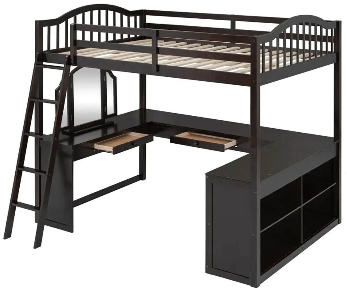 Merax Loft Bed with U-shaped Desk and Tri-fold Mirror