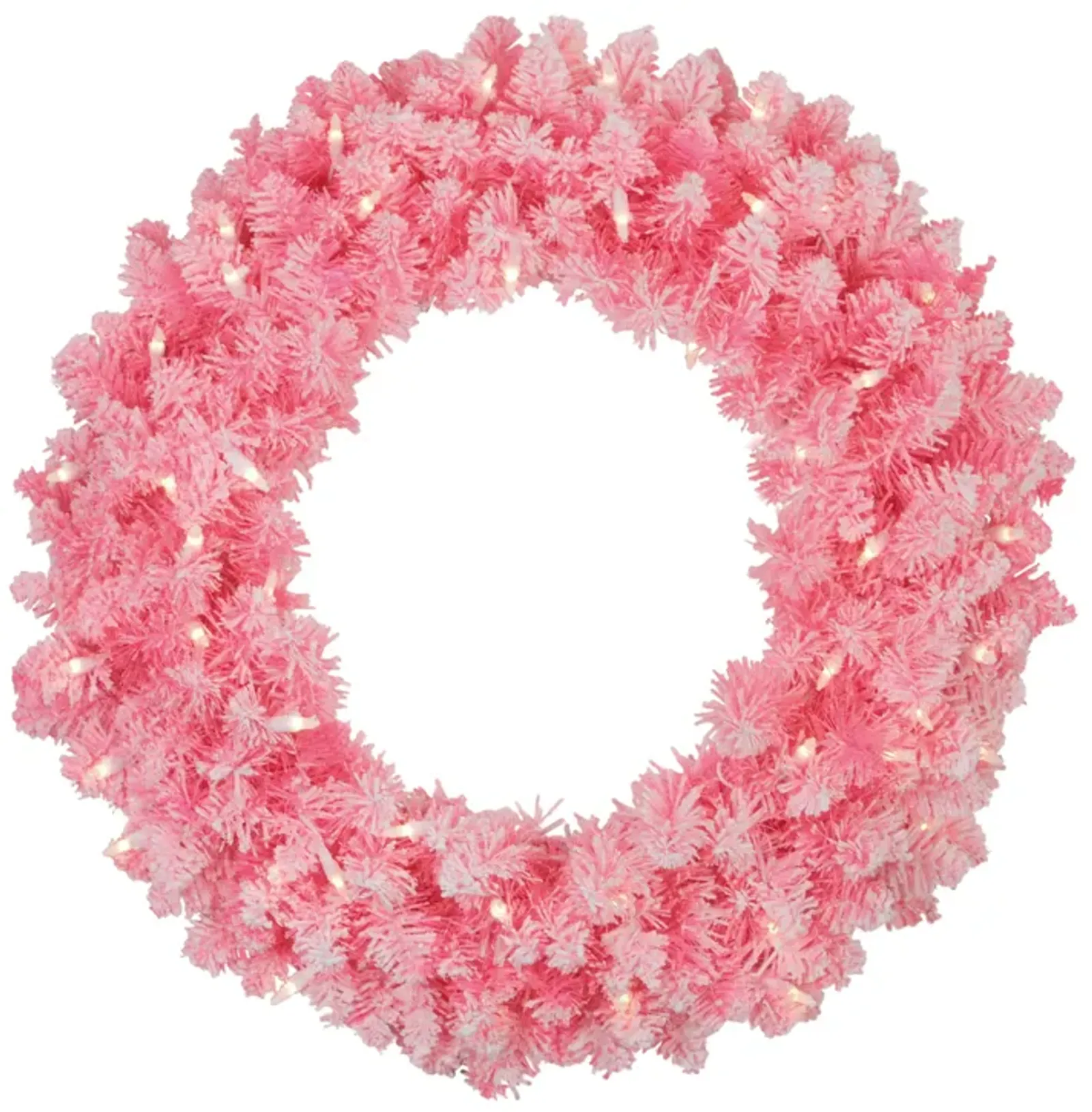 Pre-Lit Flocked Pink Artificial Christmas Wreath - 24-Inch  Clear Lights